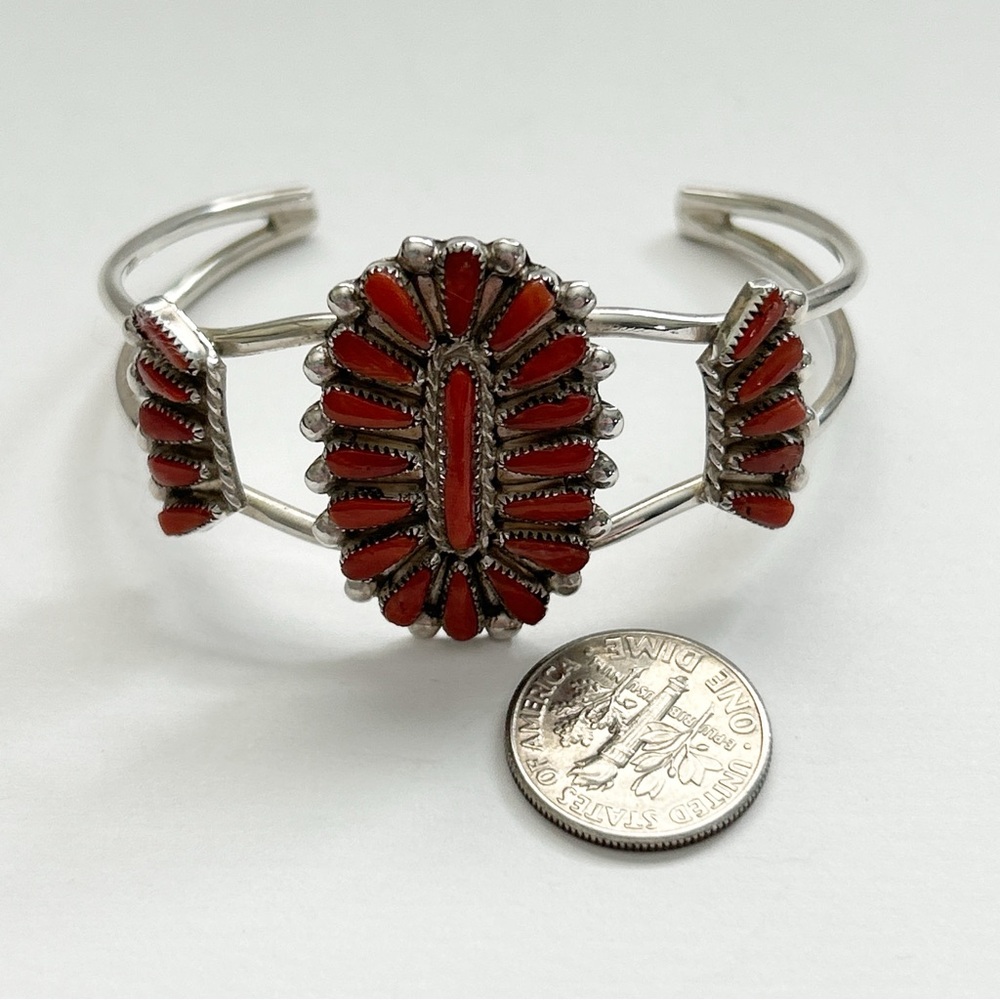 Vintage Milburn Dishta Red Coral Needlepoint Cluster Sterling Silver Cuff - Picture 7 of 11